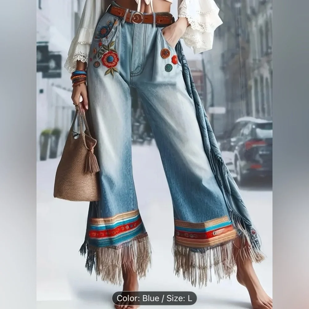 Faux Embroidered Wide Leg Faux Jeans with Fringe Hem